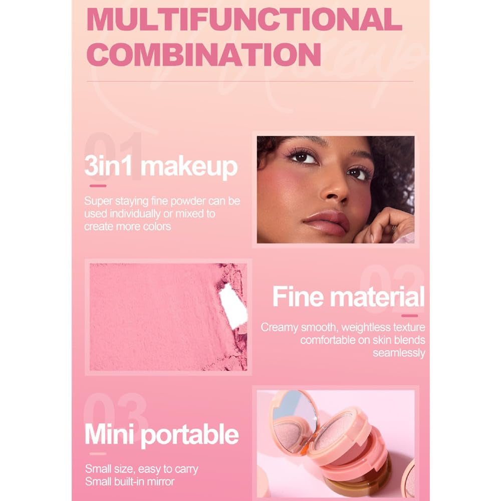 Blush and Highlighter Palette,3 in 1 Contour Palette,Cruelty-Free Matte Bronzer Powder,Women'S Brightening Pearlescent Highlighter，Eyeshadow Powder Makeup Set (03#)