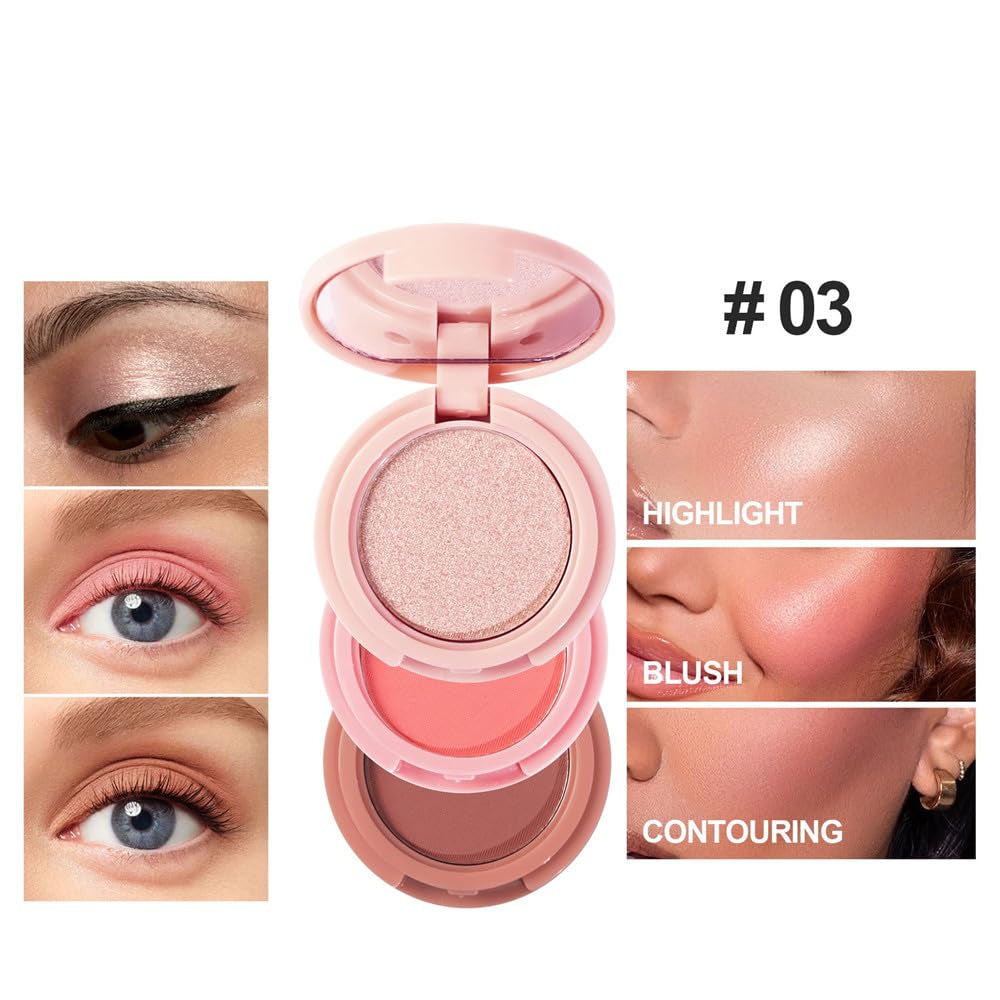 Blush and Highlighter Palette,3 in 1 Contour Palette,Cruelty-Free Matte Bronzer Powder,Women'S Brightening Pearlescent Highlighter，Eyeshadow Powder Makeup Set (03#)