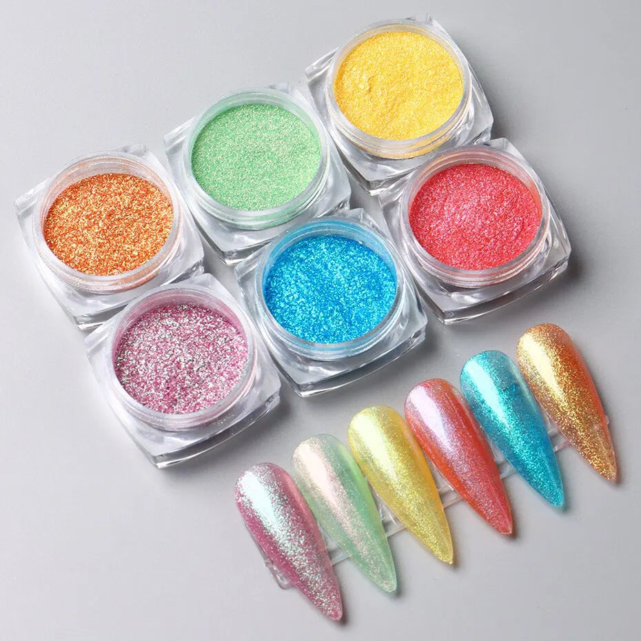 6pcs Aurora Mirror Nail Powder Pigment Chameleon Chrome Colors Fairy Iridescent Nail Art Glitter Dust UV Gel Polish Decorations - Glits & Glam