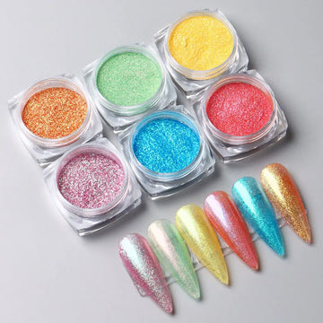 6pcs Aurora Mirror Nail Powder Pigment Chameleon Chrome Colors Fairy Iridescent Nail Art Glitter Dust UV Gel Polish Decorations - Glits & Glam