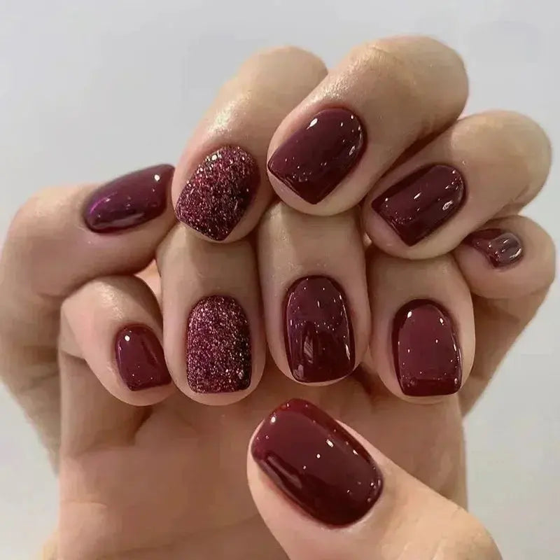 24Pcs Short Solid Color Wine Red Fake Nail Tips with Glue Glitter Square/round Head False Nails Wearable Ballet Press on Nails - Glits & Glam