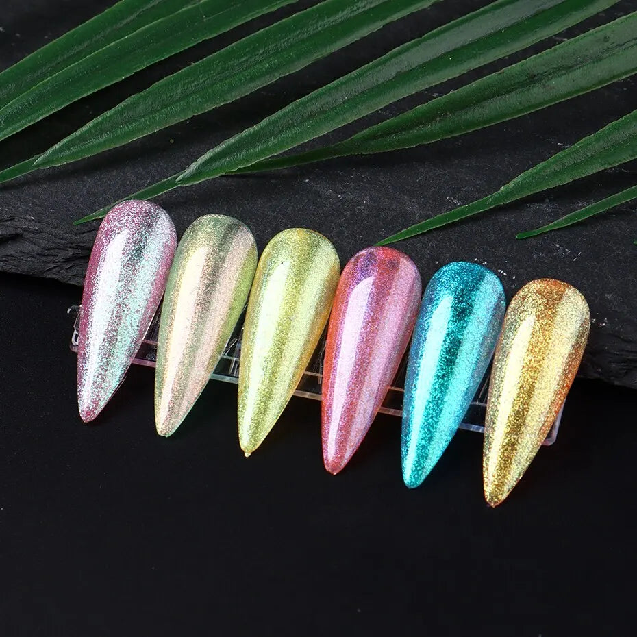 6pcs Aurora Mirror Nail Powder Pigment Chameleon Chrome Colors Fairy Iridescent Nail Art Glitter Dust UV Gel Polish Decorations - Glits & Glam