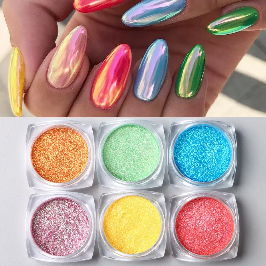 6pcs Aurora Mirror Nail Powder Pigment Chameleon Chrome Colors Fairy Iridescent Nail Art Glitter Dust UV Gel Polish Decorations - Glits & Glam