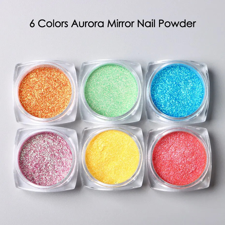 6pcs Aurora Mirror Nail Powder Pigment Chameleon Chrome Colors Fairy Iridescent Nail Art Glitter Dust UV Gel Polish Decorations - Glits & Glam