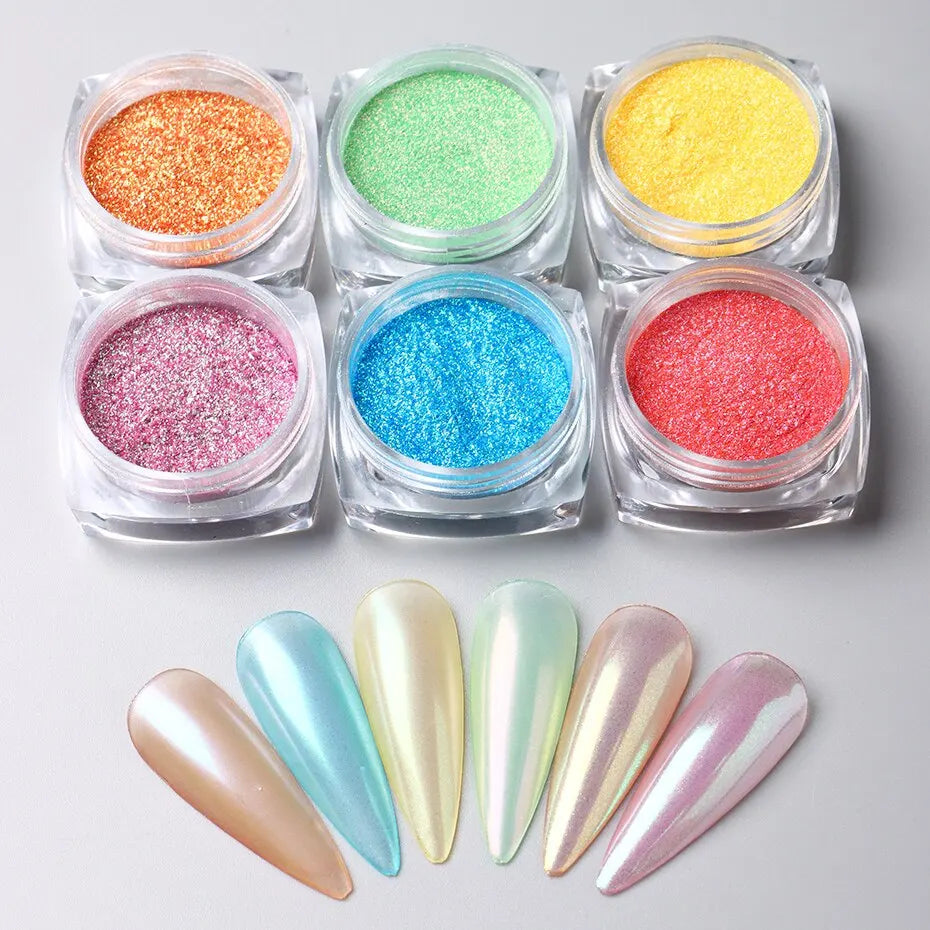 6pcs Aurora Mirror Nail Powder Pigment Chameleon Chrome Colors Fairy Iridescent Nail Art Glitter Dust UV Gel Polish Decorations - Glits & Glam