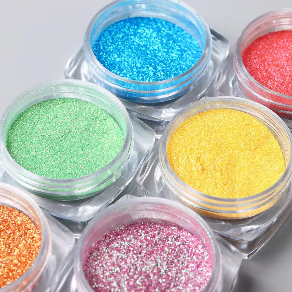 6pcs Aurora Mirror Nail Powder Pigment Chameleon Chrome Colors Fairy Iridescent Nail Art Glitter Dust UV Gel Polish Decorations - Glits & Glam