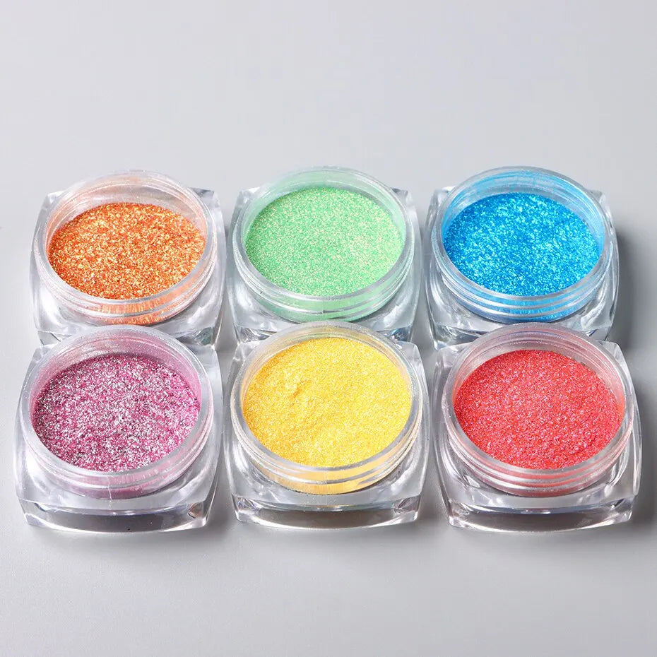 6pcs Aurora Mirror Nail Powder Pigment Chameleon Chrome Colors Fairy Iridescent Nail Art Glitter Dust UV Gel Polish Decorations - Glits & Glam