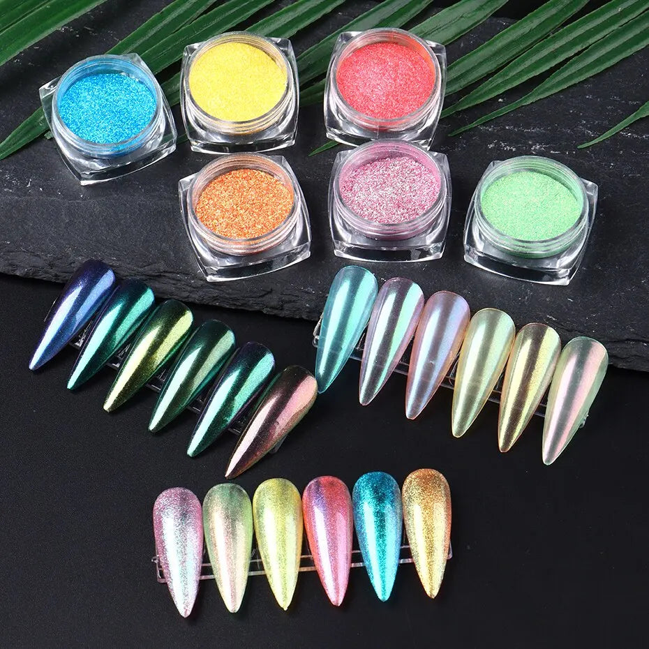 6pcs Aurora Mirror Nail Powder Pigment Chameleon Chrome Colors Fairy Iridescent Nail Art Glitter Dust UV Gel Polish Decorations - Glits & Glam