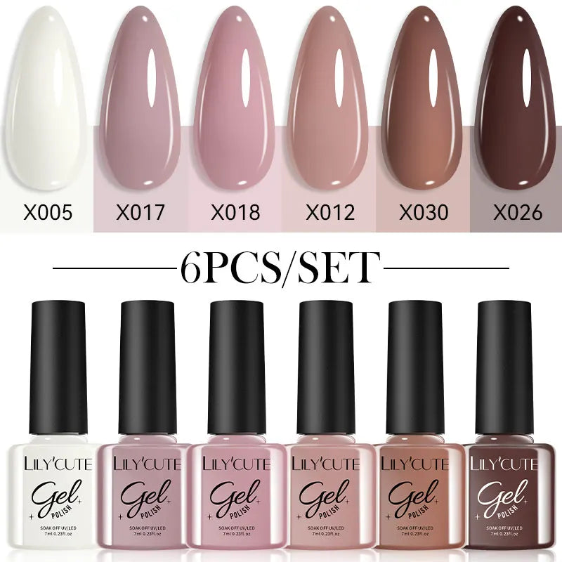 LILYCUTE 6Pcs/set 7ml Coffee Series Gel Nail Polish Kit 125 Colors Manicure Semi Permanent Soak Off UV Nail Art Gel Varnish - Glits & Glam