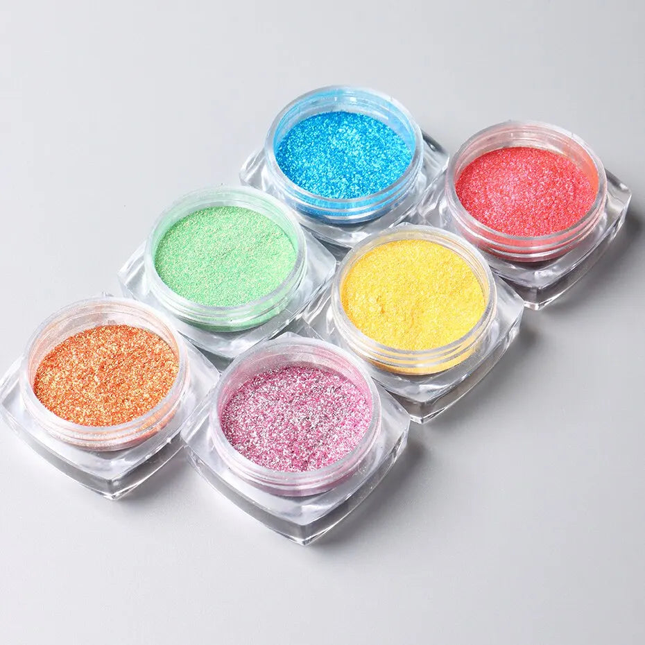 6pcs Aurora Mirror Nail Powder Pigment Chameleon Chrome Colors Fairy Iridescent Nail Art Glitter Dust UV Gel Polish Decorations - Glits & Glam