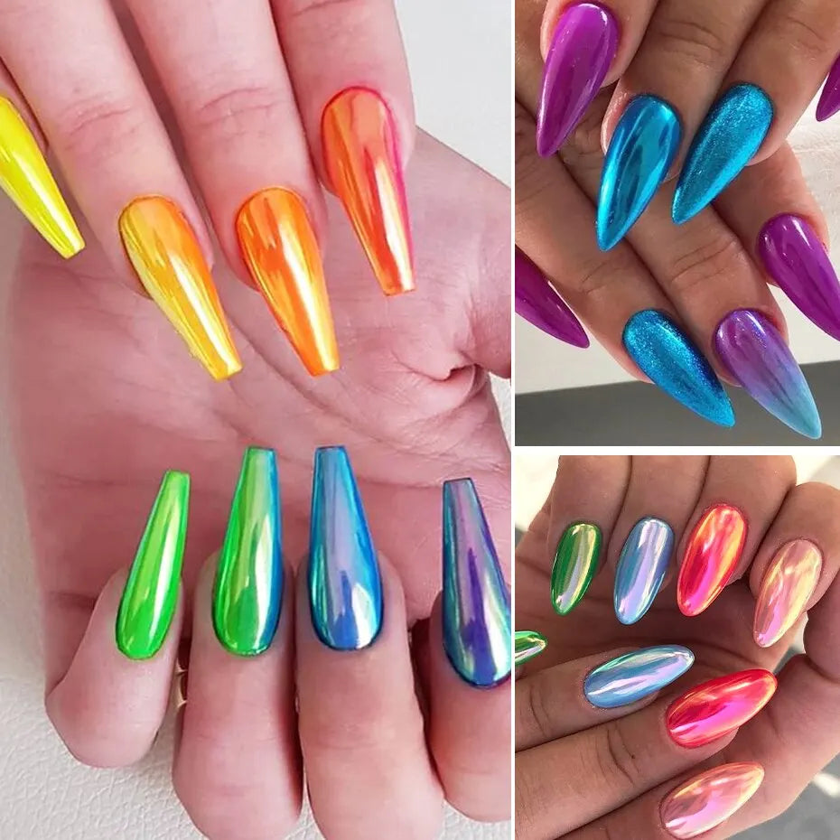6pcs Aurora Mirror Nail Powder Pigment Chameleon Chrome Colors Fairy Iridescent Nail Art Glitter Dust UV Gel Polish Decorations - Glits & Glam